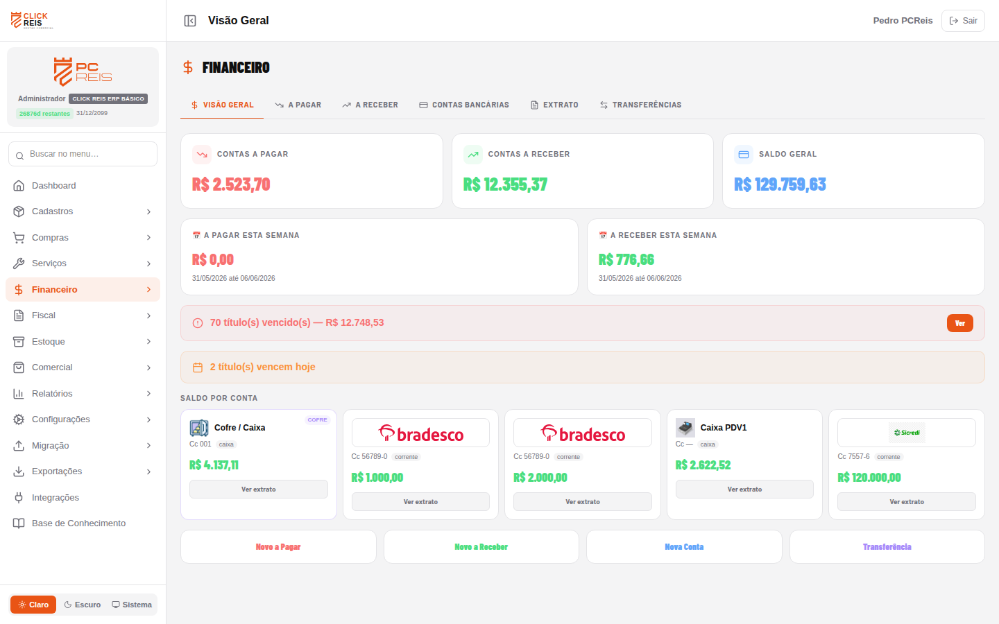 Módulo financeiro do Click Reis ERP