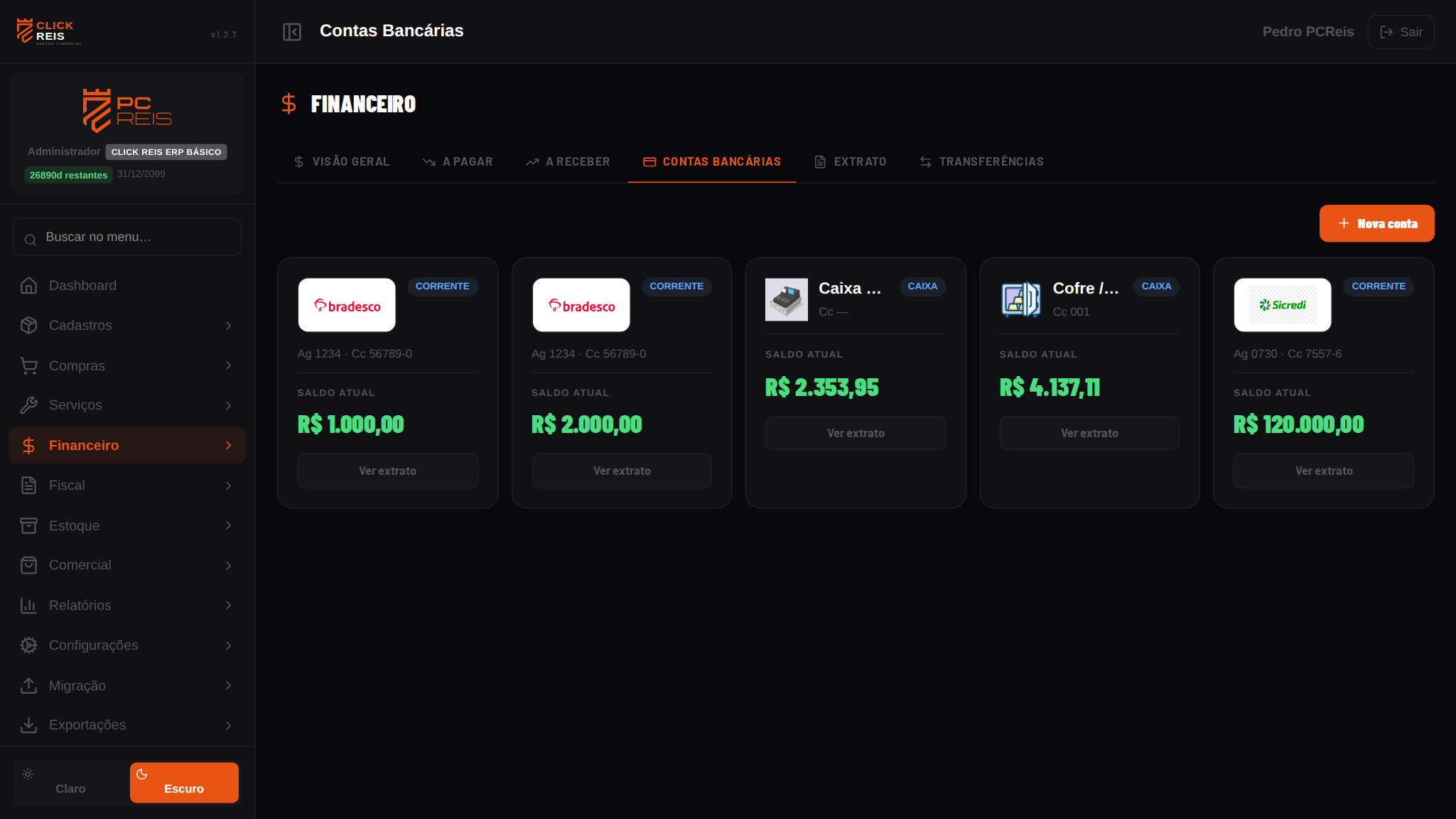 Tela Financeiro com aba 'Contas Bancárias' selecionada. Cada card mostra banco, agência, conta, saldo atual e botão para ver o extrato individual.