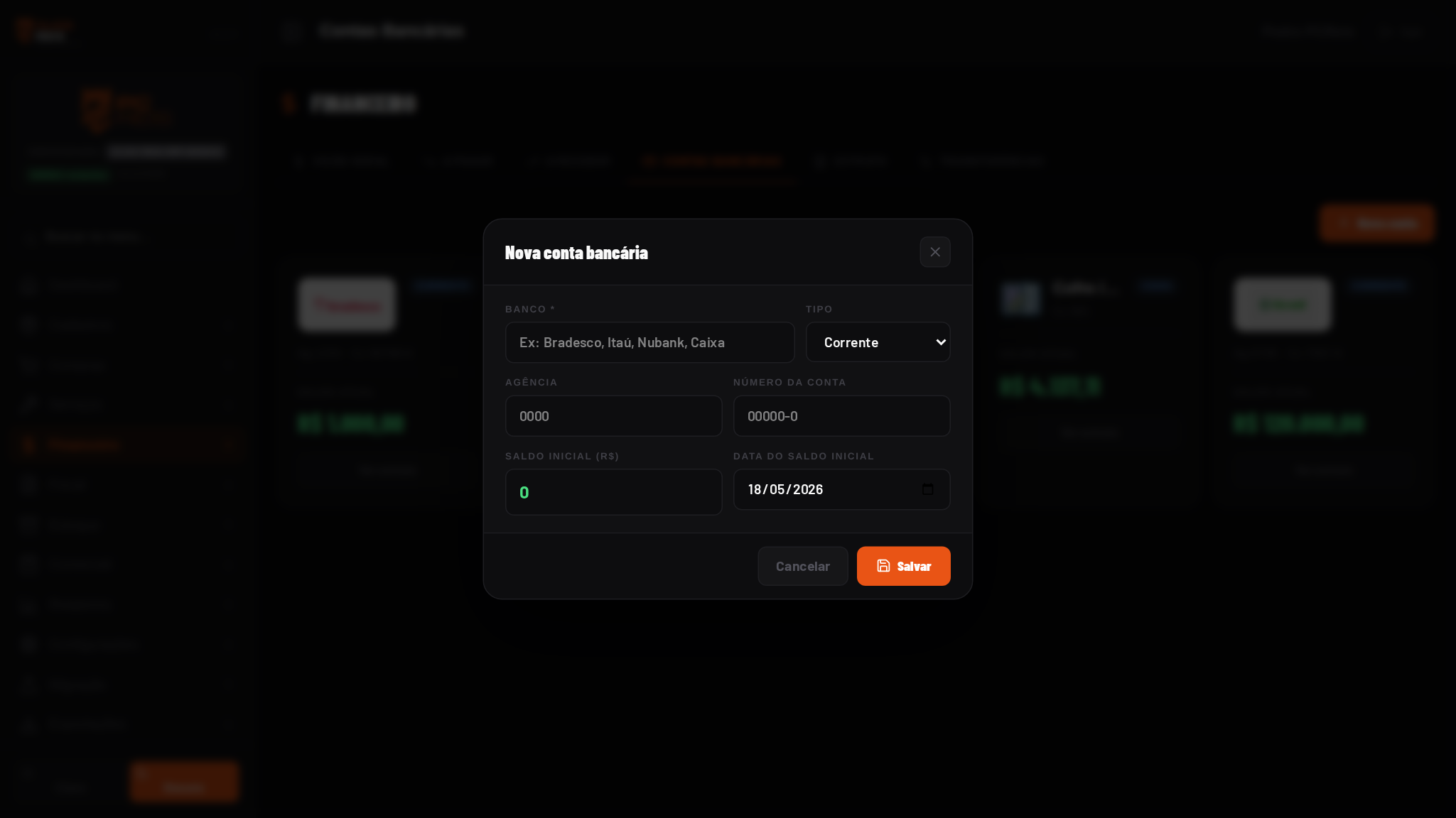 Modal 'Nova conta bancária' em branco — campos Banco, Tipo, Agência, Número da Conta, Saldo Inicial e Data do Saldo Inicial.