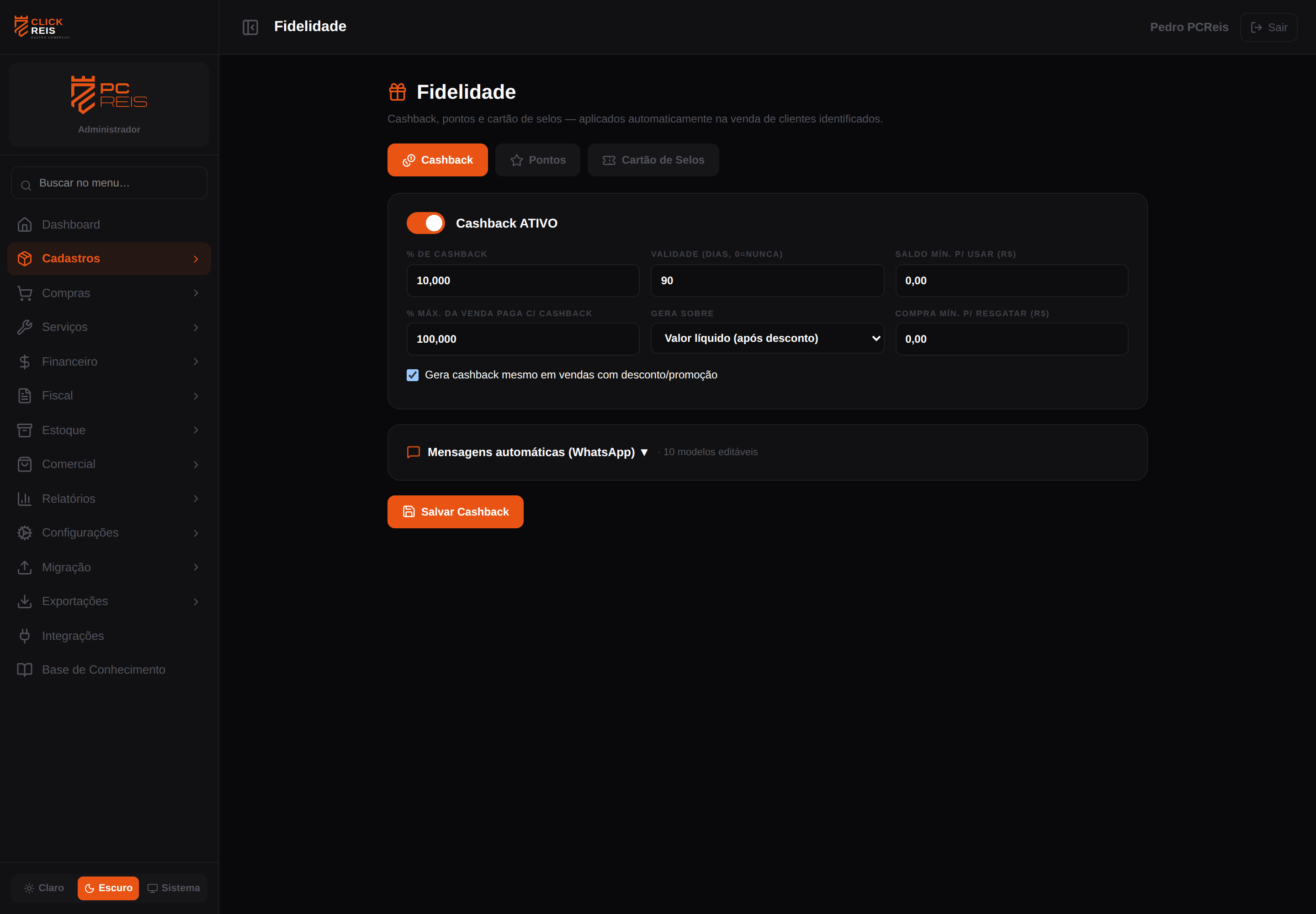 Configuração do cashback — percentual, validade, regras e mensagens editáveis.
