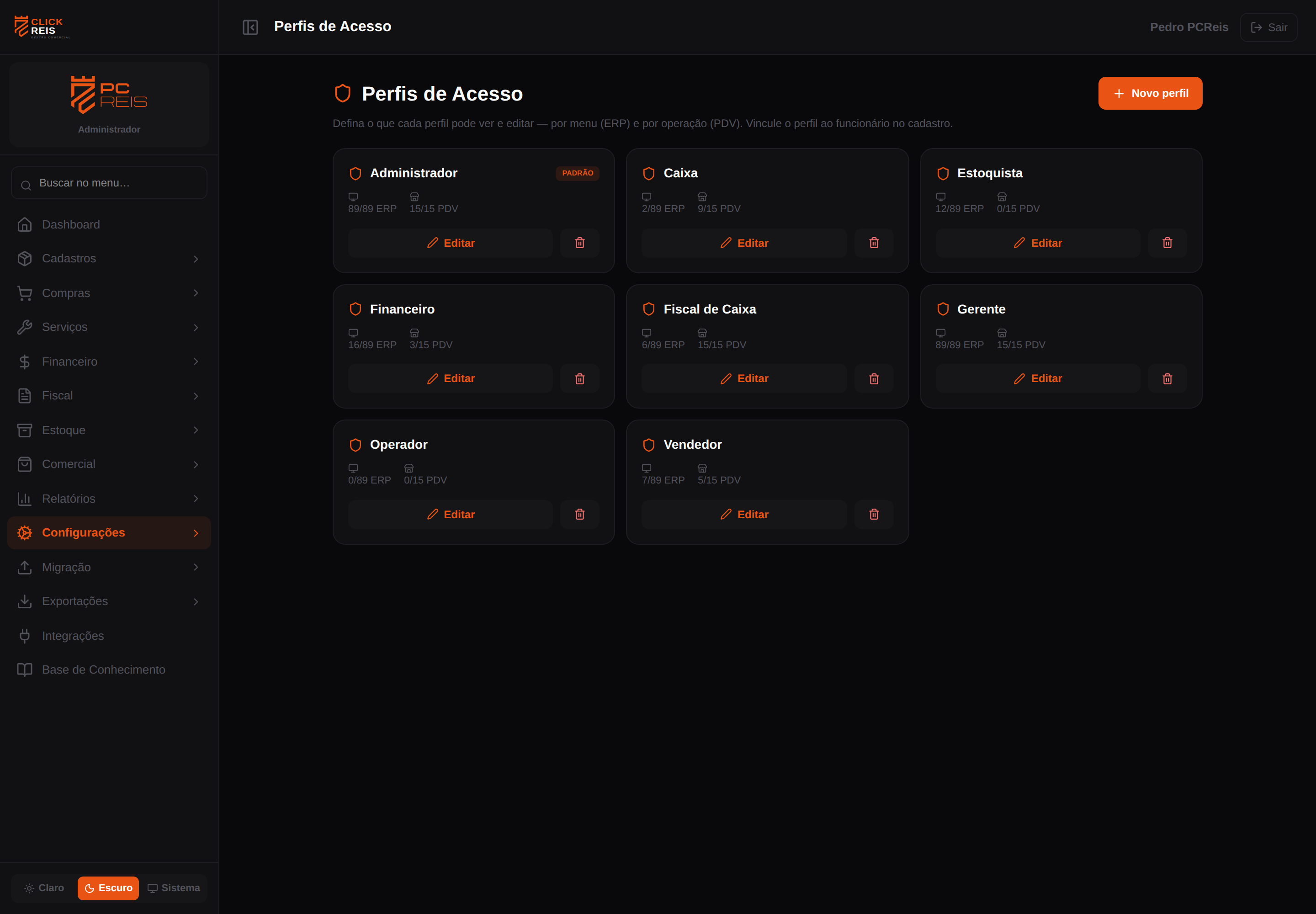 Perfis de Acesso — cada card mostra quantos itens de ERP e PDV o perfil libera.